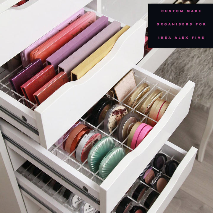 Ikea Alex Drawer 5 FIVE, Acrylic Makeup Divider For Alex Drawers by Doll Club Looking for makeup storage ideas for your Ikea Alex Drawers? Look no more, we have the perfect clear cosmetic drawer Insert. DOLL CLUB's plastic dividers come flat packed into slots and are extremely easy to assemble, not only keeping your beloved cosmetics tidy but also displaying it luvo store luvostore, Vanity collection Vanitycollection, etoile collective etoilecollective, tidy ups Ikea Alex 5 Drawers