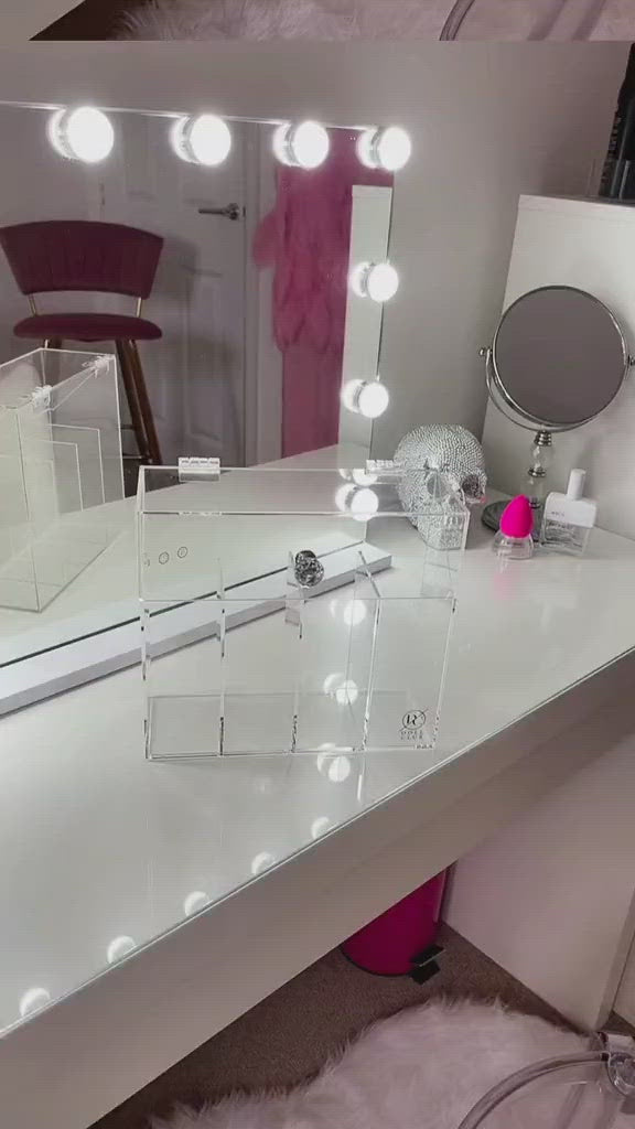 Our large 4 compartments acrylic makeup brush holder offers the perfect storage solution to not only keep a hygienic, safe space but also to display your cosmetic makeup brushes on your vanity luvo store luvostore, Vanity collection Vanitycollection, etoile collective etoilecollective, tidy ups tidyups