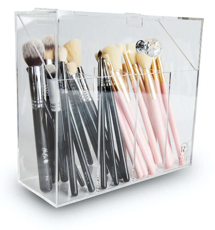 Our large 4 compartments acrylic makeup brush holder offers the perfect storage solution to not only keep a hygienic, safe space but also to display your cosmetic makeup brushes on your vanity desk in an aesthetic way. make up brush holder makeup brush organiser makeup brush storage acrylic makeup brush holder clear makeup brush holder make up brush holder with lid large makeup luvo store luvostore, Vanity collection Vanitycollection, etoile collective etoilecollective, tidy ups tidyups